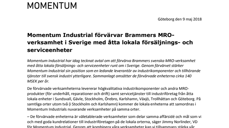 Momentum Industrial förvärvar Brammers MRO-verksamhet i Sverige med åtta lokala försäljnings- och serviceenheter