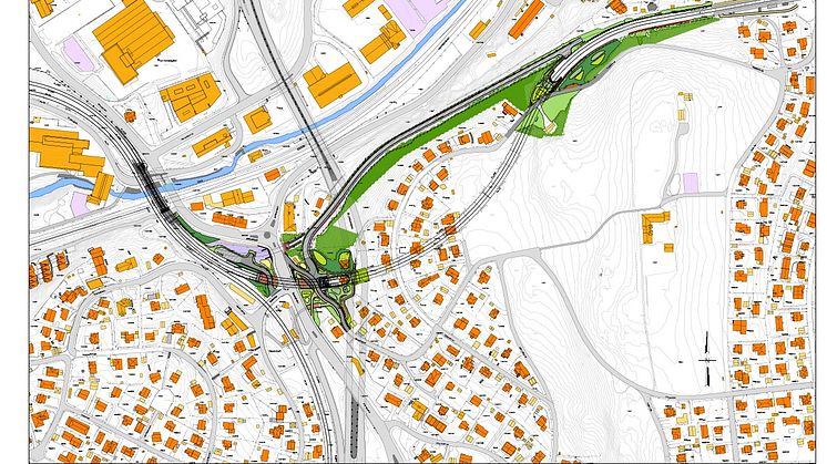 Kartet viser prosjektområdet for Østensjøbane-prosjektet, fra Brynseng i vest til Hellerud i øst.