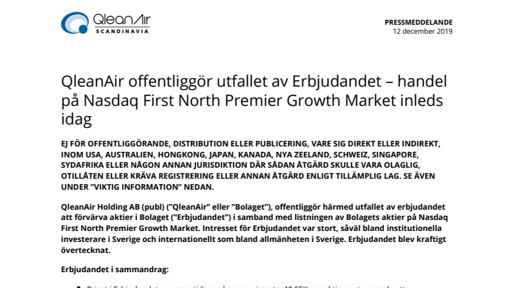 QleanAir offentliggör utfallet av Erbjudandet - handel på Nasdaq First North Premier Growth Market inleds idag