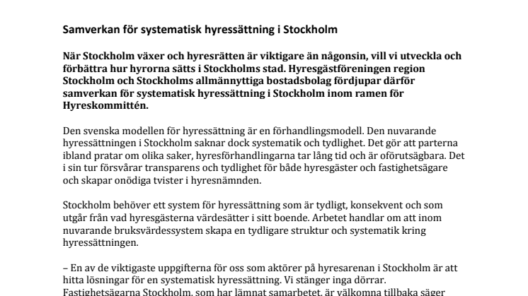 Samverkan för systematisk hyressättning i Stockholm