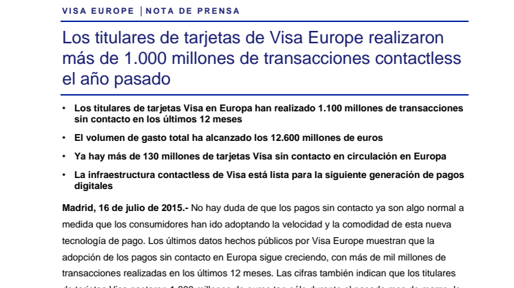 Los titulares de tarjetas de Visa Europe realizaron más de 1.000 millones de transacciones contactless el año pasado