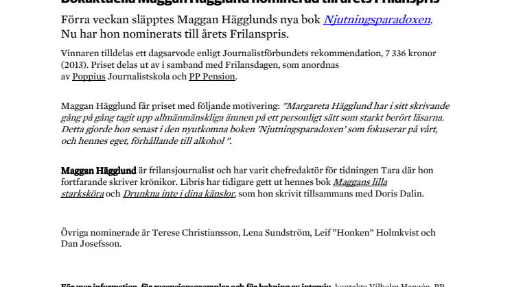 Bokaktuella Maggan Hägglund nominerad till årets Frilanspris