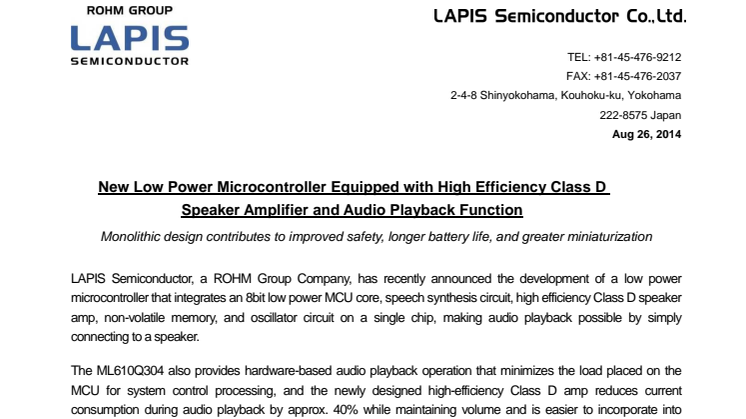 ​Low Power Microcontroller Equipped with High Efficiency Class D Speaker Amplifier and Audio Playback Function -- Monolithic design contributes to improved safety, longer battery life, and greater miniaturization