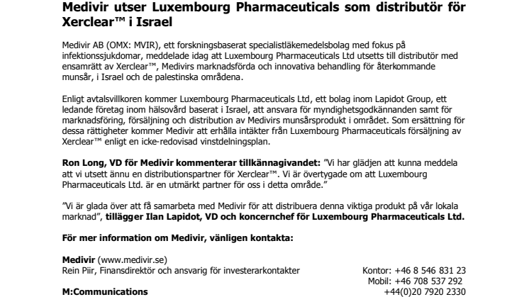 Medivir utser Luxembourg Pharmaceuticals som distributör för Xerclear™ i Israel 