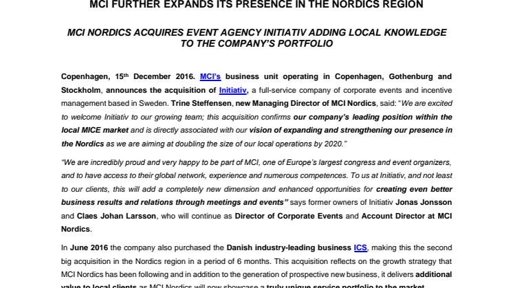 MCI FURTHER EXPANDS ITS PRESENCE IN THE NORDICS REGION  BY ACQUIRING EVENT AGENCY INITIATIV ADDING LOCAL KNOWLEDGE TO THE COMPANY’S PORTFOLIO