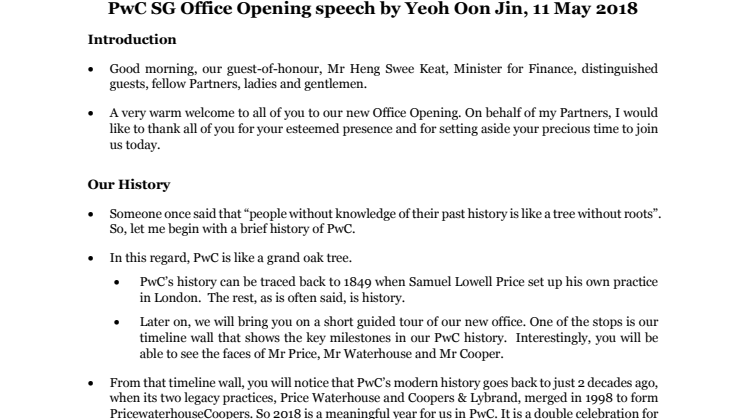 PwC Singapore Official Office Opening speech by Yeoh Oon Jin, 11 May 2018