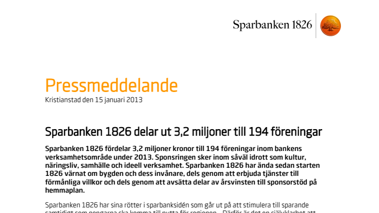 Sparbanken 1826 delar ut 3,2 miljoner till 194 föreningar