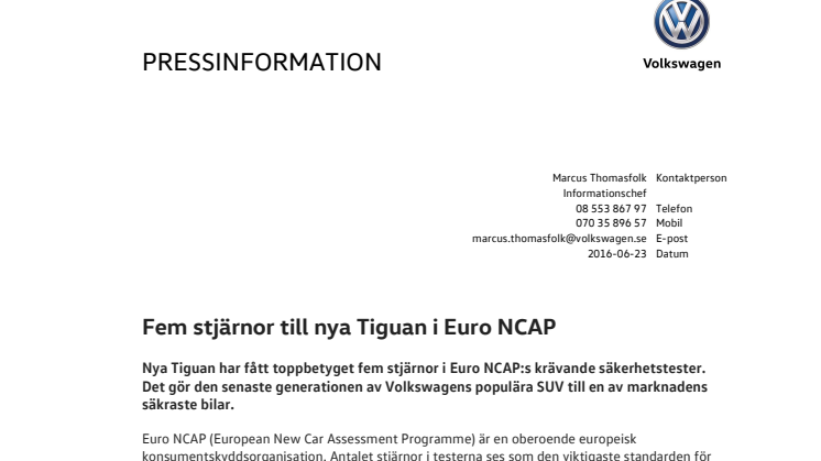 Fem stjärnor till nya Tiguan i Euro NCAP