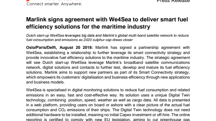 Marlink signs agreement with We4Sea to deliver smart fuel efficiency solutions for the maritime industry