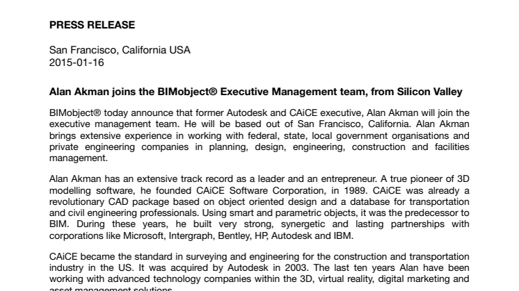 Alan Akman joins the BIMobject® Executive Management team, from Silicon Valley