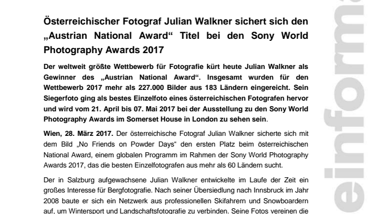 Österreichischer Fotograf Julian Walkner sichert sich den „Austrian National Award“ Titel bei den Sony World Photography Awards 2017