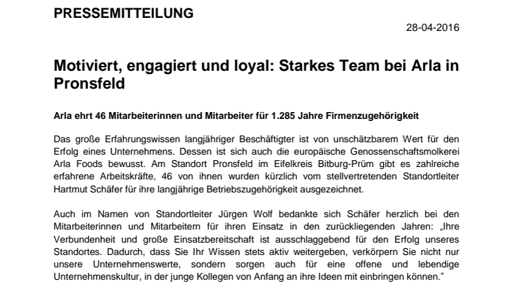 Motiviert, engagiert und loyal: Starkes Team bei Arla in Pronsfeld