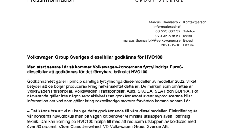 Volkswagen Group Sveriges dieselbilar godkänns för HVO100