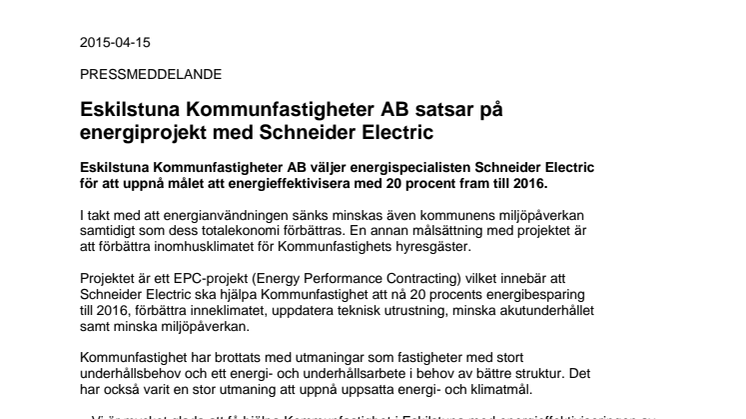 Eskilstuna Kommunfastigheter AB satsar på energiprojekt med Schneider Electric 