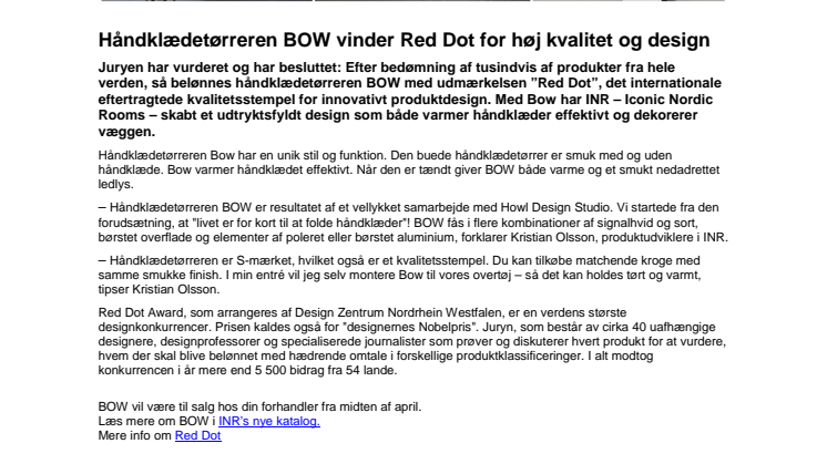 Håndklædetørreren BOW vinder Red Dot for høj kvalitet og design