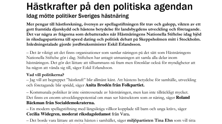 Hästkrafter på den politiska agendan