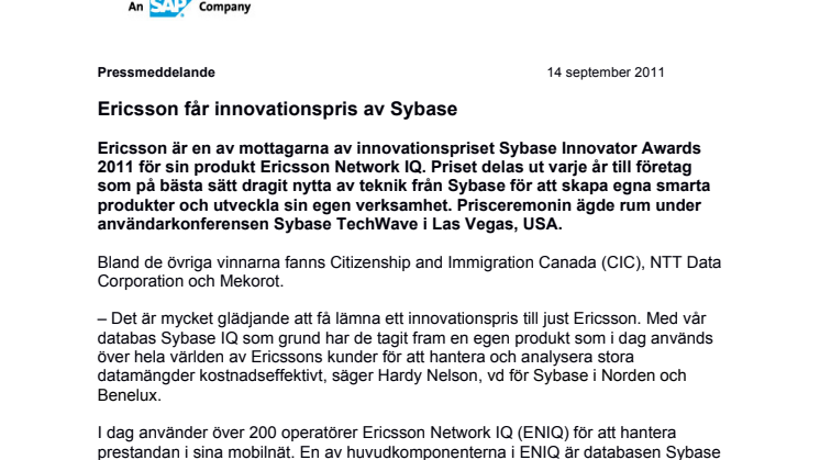 Ericsson får innovationspris av Sybase