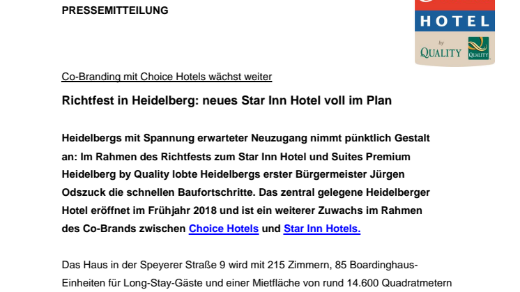 Richtfest in Heidelberg: neues Star Inn Hotel Premium, by Quality voll im Plan