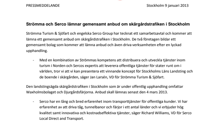 Strömma och Serco lämnar gemensamt anbud om skärgårdstrafiken i Stockholm