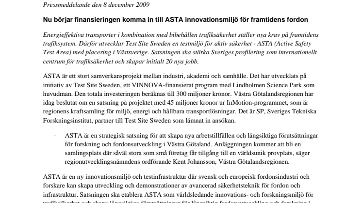Nu börjar finansieringen komma in till ASTA innovationsmiljö för framtidens fordon