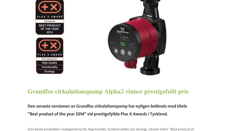 Grundfos cirkulationspump Alpha2 vinner prestigefullt pris