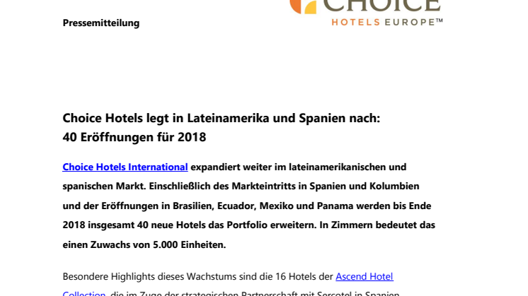 Choice Hotels legt in Lateinamerika und Spanien nach:  40 Eröffnungen für 2018