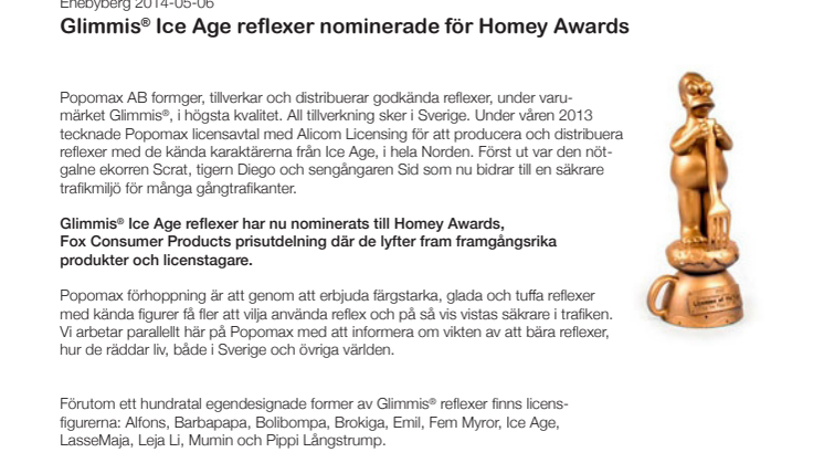 Glimmis® Ice Age reflexer nominerade för Homey Awards