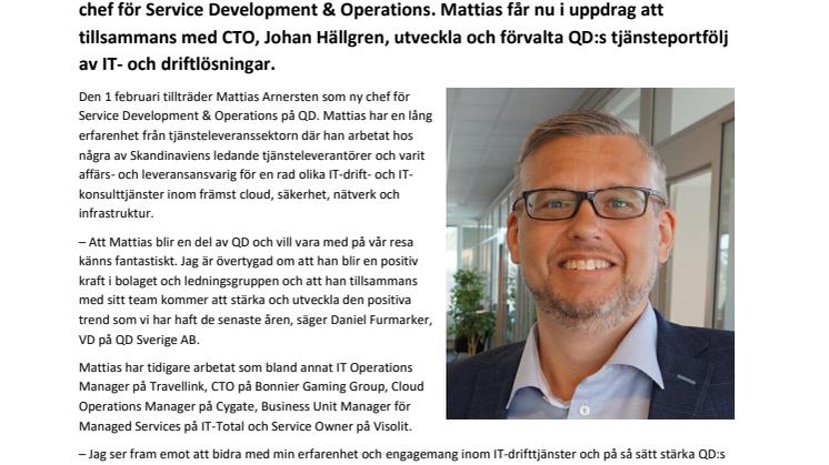 QD rekryterar Mattias Arnersten som ny chef för Service Development & Operations