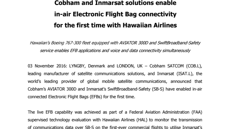 Cobham SATCOM: Cobham and Inmarsat solutions enable in-air Electronic Flight Bag connectivity for the first time with Hawaiian Airlines