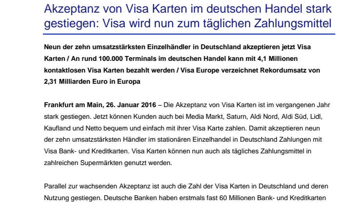 Akzeptanz von Visa Karten im deutschen Handel stark gestiegen: Visa wird nun zum täglichen Zahlungsmittel