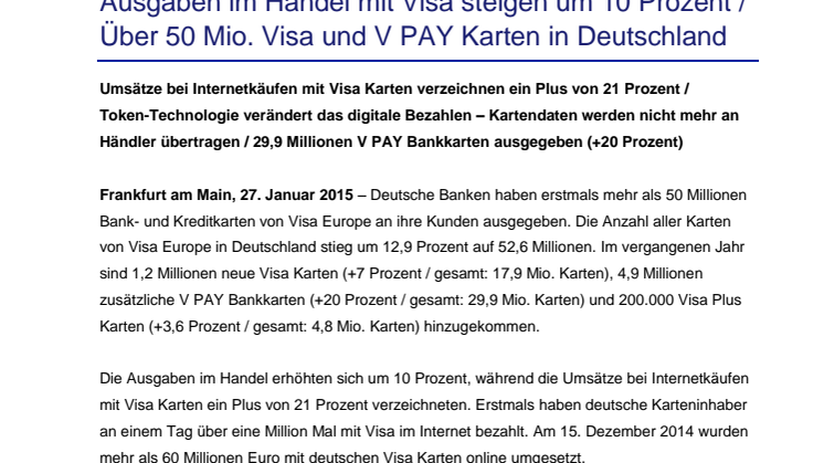 Ausgaben im Handel mit Visa steigen um 10 Prozent / Über 50 Mio. Visa und V PAY Karten in Deutschland