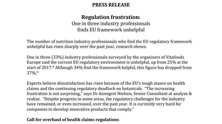 PRESS RELEASE - Regulation frustration:  One in three industry professionals finds EU framework unhelpful 