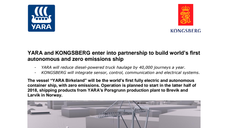 YARA and KONGSBERG enter into partnership to build world’s first autonomous and zero emissions ship