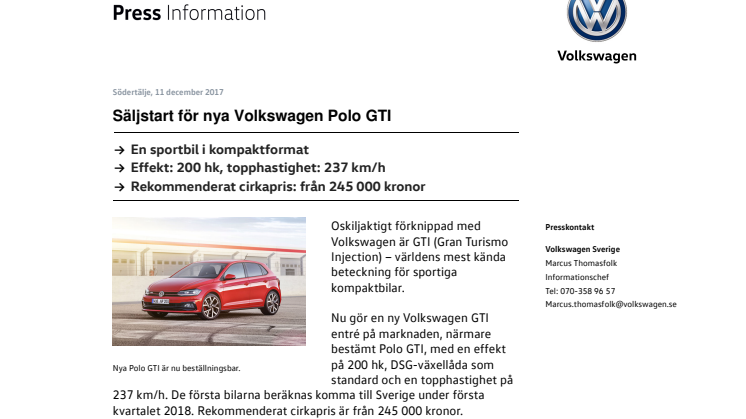 Säljstart för nya Volkswagen Polo GTI