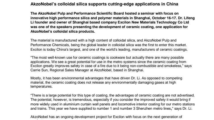 AkzoNobel’s colloidal silica supports cutting-edge applications in China