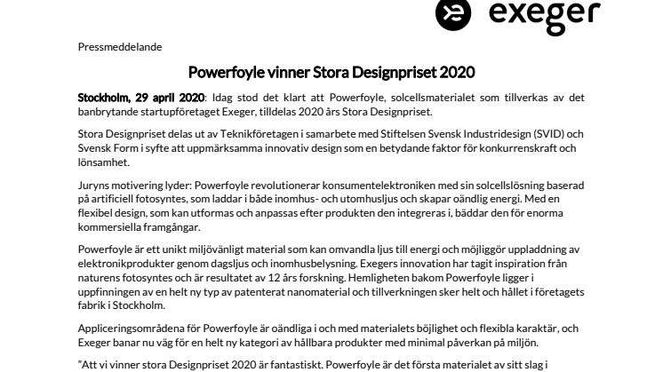Powerfoyle vinner Stora Designpriset 2020 
