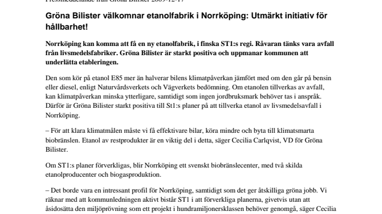 Gröna Bilister välkomnar etanolfabrik i Norrköping: Utmärkt initiativ för hållbarhet!