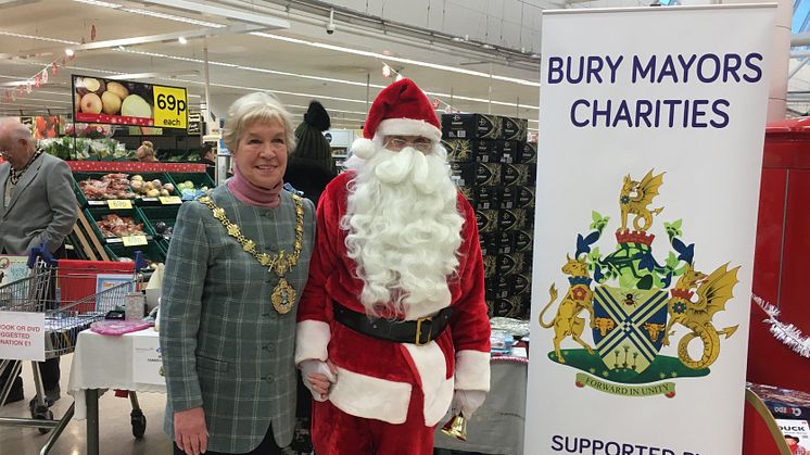 The Mayor, Cllr Dorothy Gunther, with Santa at the Bury Tesco fundraiser