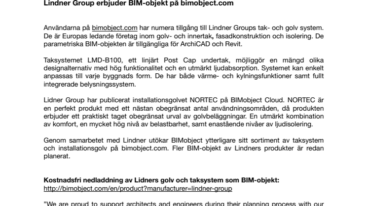 Lindner Group erbjuder BIM-objekt på bimobject.com