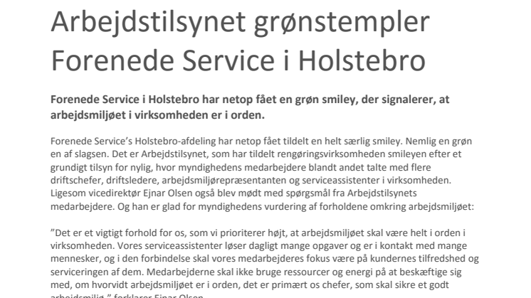 Arbejdstilsynet grønstempler Forenede Service i Holstebro