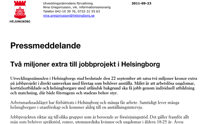 Två miljoner extra till jobbprojekt i Helsingborg