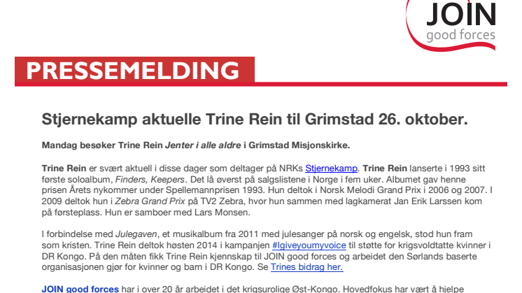 Stjernekamp aktuelle Trine Rein til Grimstad 26. oktober. 