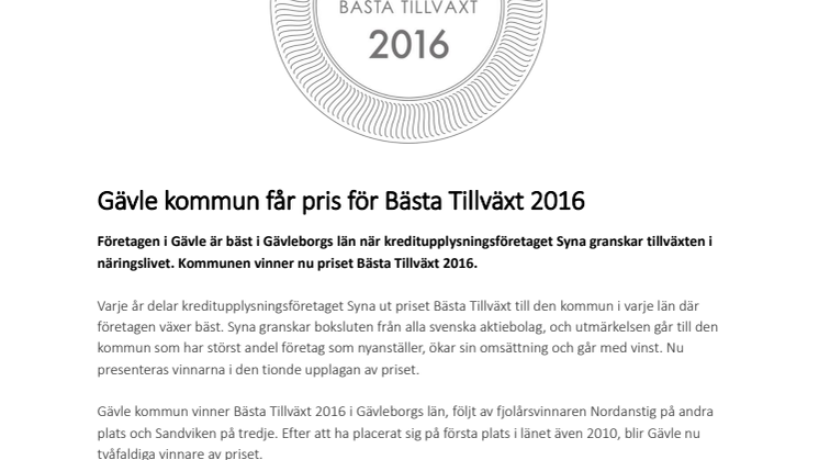 Gävle kommun får pris för Bästa Tillväxt 2016