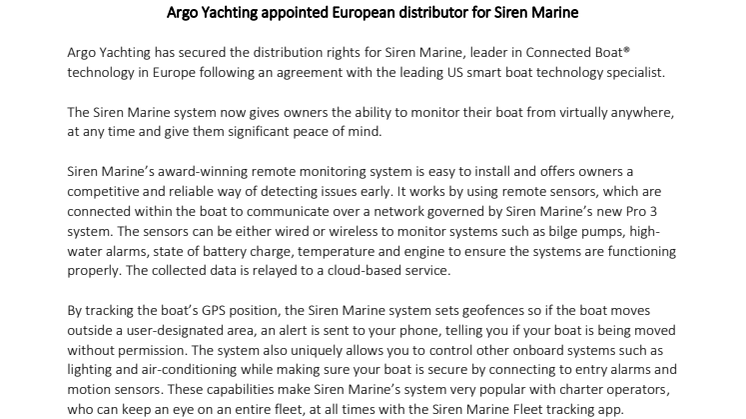 Argo Yachting appointed European distributor for Siren Marine 