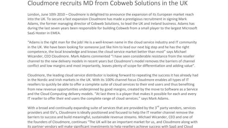 Cloudmore recruits MD from Cobweb Solutions in the UK