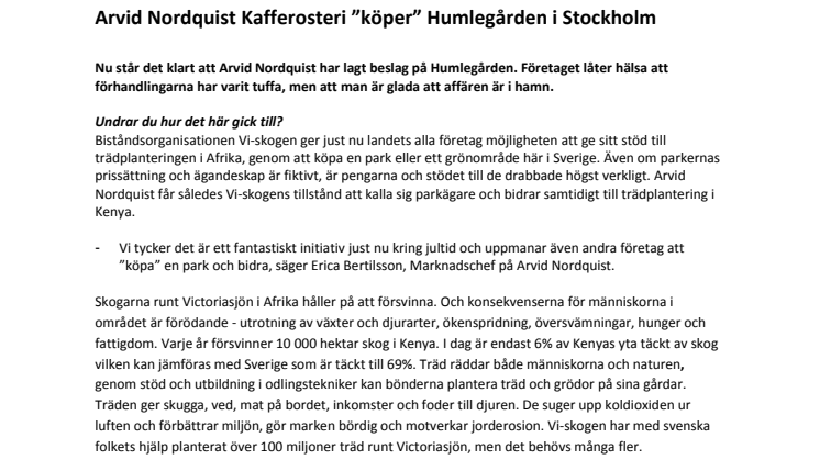 Arvid Nordquist Kafferosteri ”köper” Humlegården i Stockholm