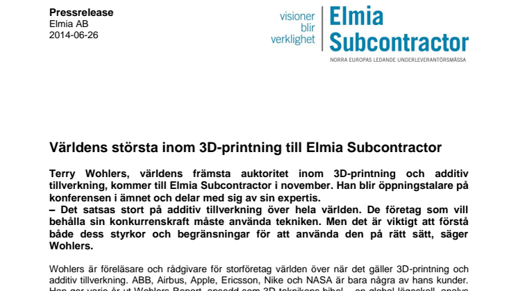 Världens största inom 3D-printning till Elmia Subcontractor