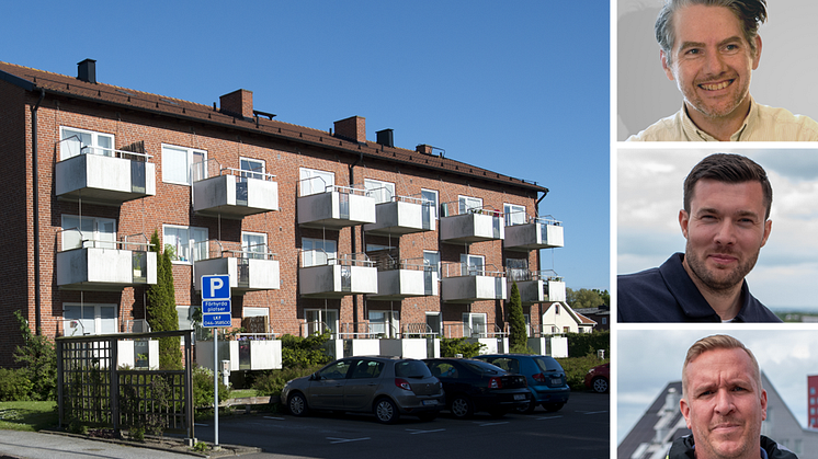 Bild:  I AI-pilotprojektet ingick 7 likartade hus i bostadsområdet på Väster, Solgårdarna i Lund. Energichef Henrik Adamsson, energistrateg Gustav Karlström och driftingenjör Stefan Kock intervjuades av Sveriges Allmännytta. 