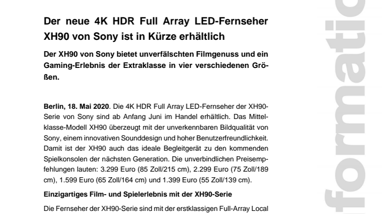 Der neue 4K HDR Full Array LED-Fernseher XH90 von Sony ist in Kürze erhältlich