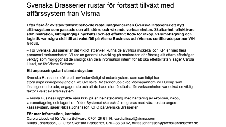 Svenska Brasserier rustar för fortsatt tillväxt med affärssystem från Visma